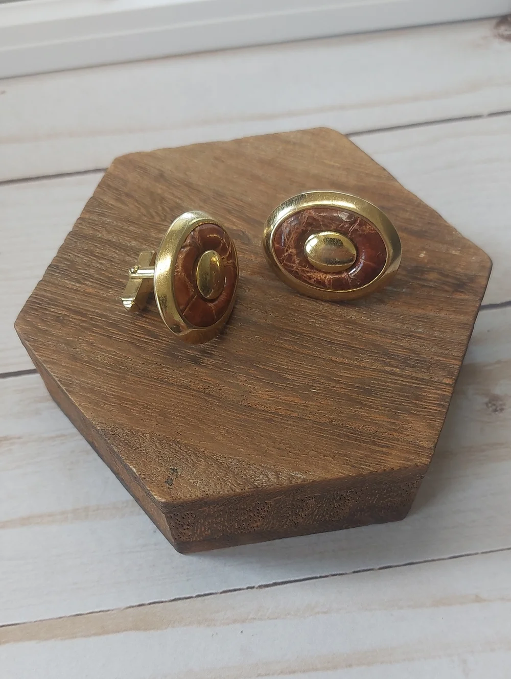 Gold-Tone Cuff Links with Brown Leather Inlay